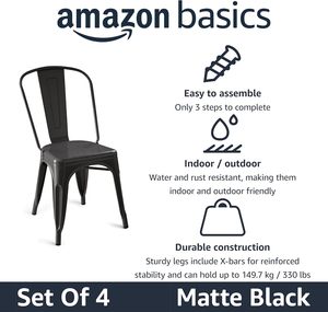 Sillas de Comedor de Acero For Basics, Muebles para el Hogar, Fáciles de Montar, Apilables para Interiores/Exteriores, Color Negro Mate, Paquete de 4 - Product Image 4