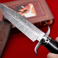 Couteau de chasse artisanal en acier Damas Meiji avec manche en bois, étui en cuir noir, lame fixe, camping en plein air