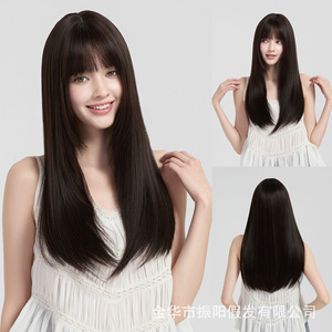 Peluca Larga y Lisa Negra con Flequillo, Estilo Natural para Uso Diario, No Requiere Planchado, Cabello Sintético Resistente a Altas Temperaturas, Peluca para Mujer - Product Image 3