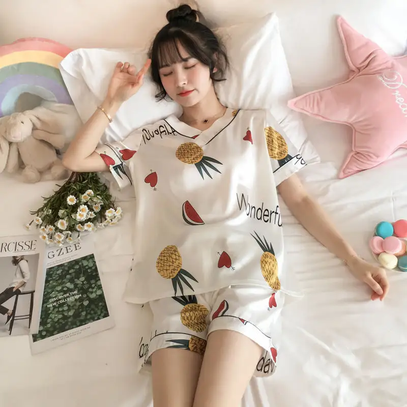 Vrouwen Pyjama Set Satijn Nachtkleding Sexy Vrouwen Lingerie V-hals Nachtkleding Imiteren Ijs Zijde Nachtkledij Homewear Voor Vrouwelijke Pyjama