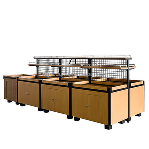 Soporte de exhibición de doble cara de servicio pesado para supermercado para frutas y verduras Estante de espacio de almacenamiento grande hecho de madera - Product Image 1