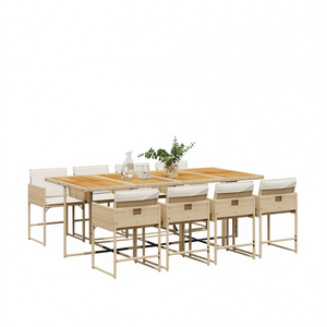 Ensemble de salle à manger de jardin beige 8 places, mobilier d'extérieur contemporain, structure en métal résistant aux intempéries, table en bois - Product Image 1