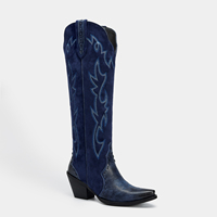 WETKISS Bottes de cowgirl bleu marine personnalisées pour femme, à bout pointu, hauteur genou, avec broderie patchwork et talon épais, vente en gros