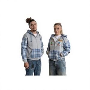 Sweat-shirt unisexe à capuche zippé, motif patchwork à carreaux gris et bleu, coupe oversize décontractée pour l'automne, avec design imprimé en relief - Product Image 3