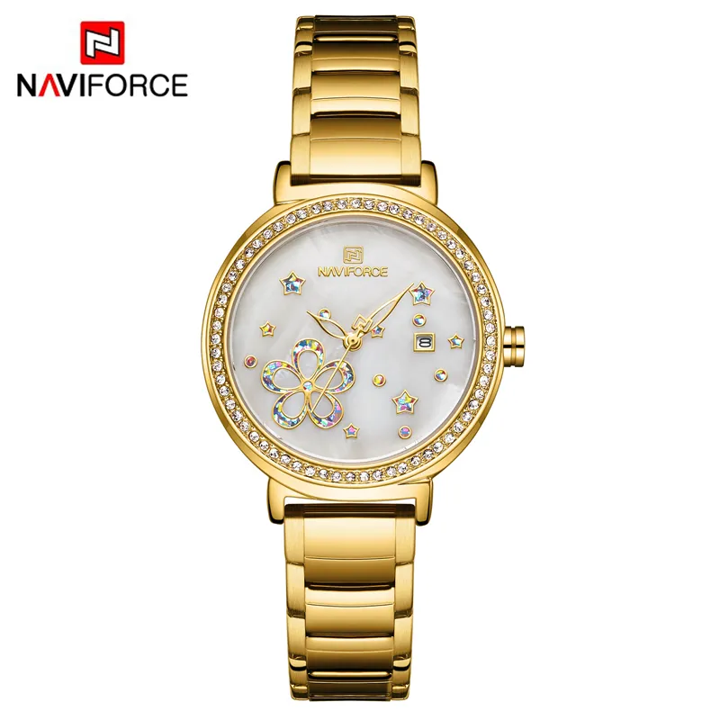 NAVIFORCE นาฬิกาสแตนเลสสำหรับผู้หญิง,ของขวัญสำหรับผู้หญิงนาฬิกาควอตซ์เพื่อนภรรยาสาวแฟชั่นลำลองสร้อยข้อมือเข็มกลัด2021