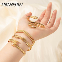HENGSEN perhiasan 18K emas disepuh baja tahan karat pergelangan tangan bungkus gelang ular daun mahkota manset gelang untuk wanita campur-1