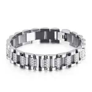 Vogue Stainless Steel Men Luxury Silver 14mm Width Cubic Zirconia Watch Chain Jewelry Iced Out Link Bracelet