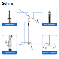 Selens Trépied professionnel en acier inoxydable Century C Stand Light 140cm 330cm Noir Argent avec bras articulé, tête de préhension et pied magique pour studio