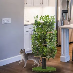 독특한 디자인 멀티 레벨 우드 고양이 고양이 등반 트리 타워 녹색 잎 장식 점프 플랫폼 활동 센터 놀이 장난감