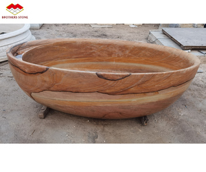 Marmo di legno giallo fatto a mano intaglio Freestanding <span class=keywords><strong>vasca</strong></span> da bagno in legno naturale Beige marmo ovale per bagno Hotel progetto - Product Image 4