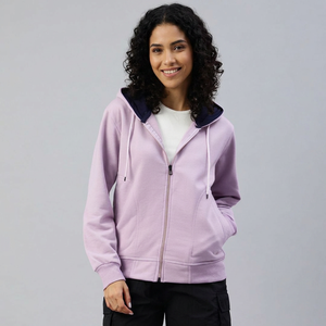 Sudadera con Capucha y Cierre de Cremallera para Mujer, Color Morado Claro, Manga Larga, Tejido de Algodón, Color Sólido, Ropa Casual de Otoño - Product Image 1