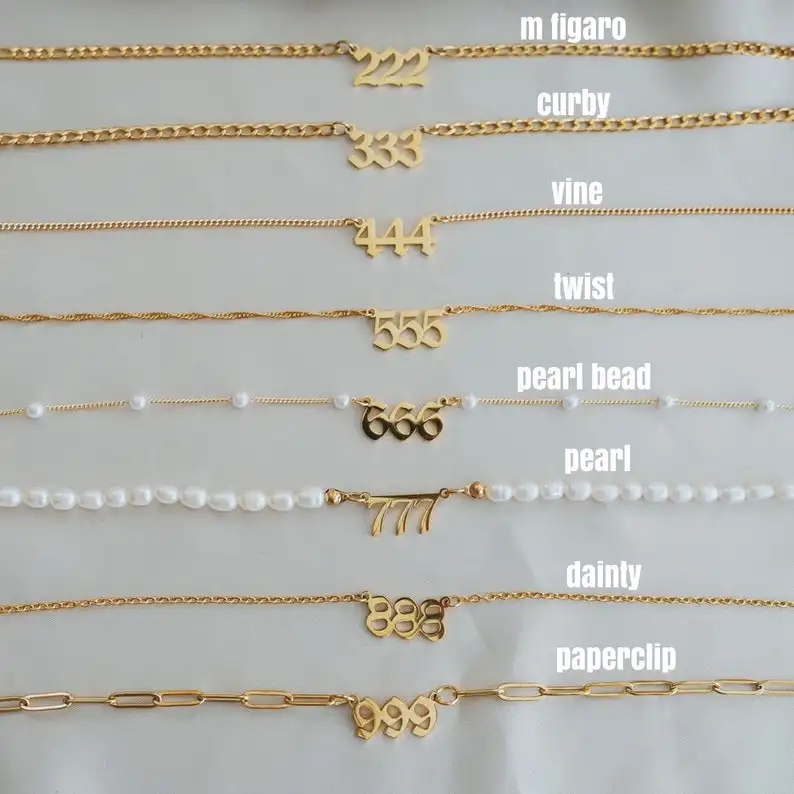 Fashion Waterproof Pearl Pvd Necklace Lucky 111 222 333 444 555 666 777 888 999 18K Gold Silver Filled Adjustable Angel Number