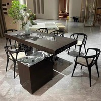 Table à manger rectangulaire en marbre noir et bois, double piétement, taille personnalisée, OEM, hôtel, villa, restaurant, vente en gros