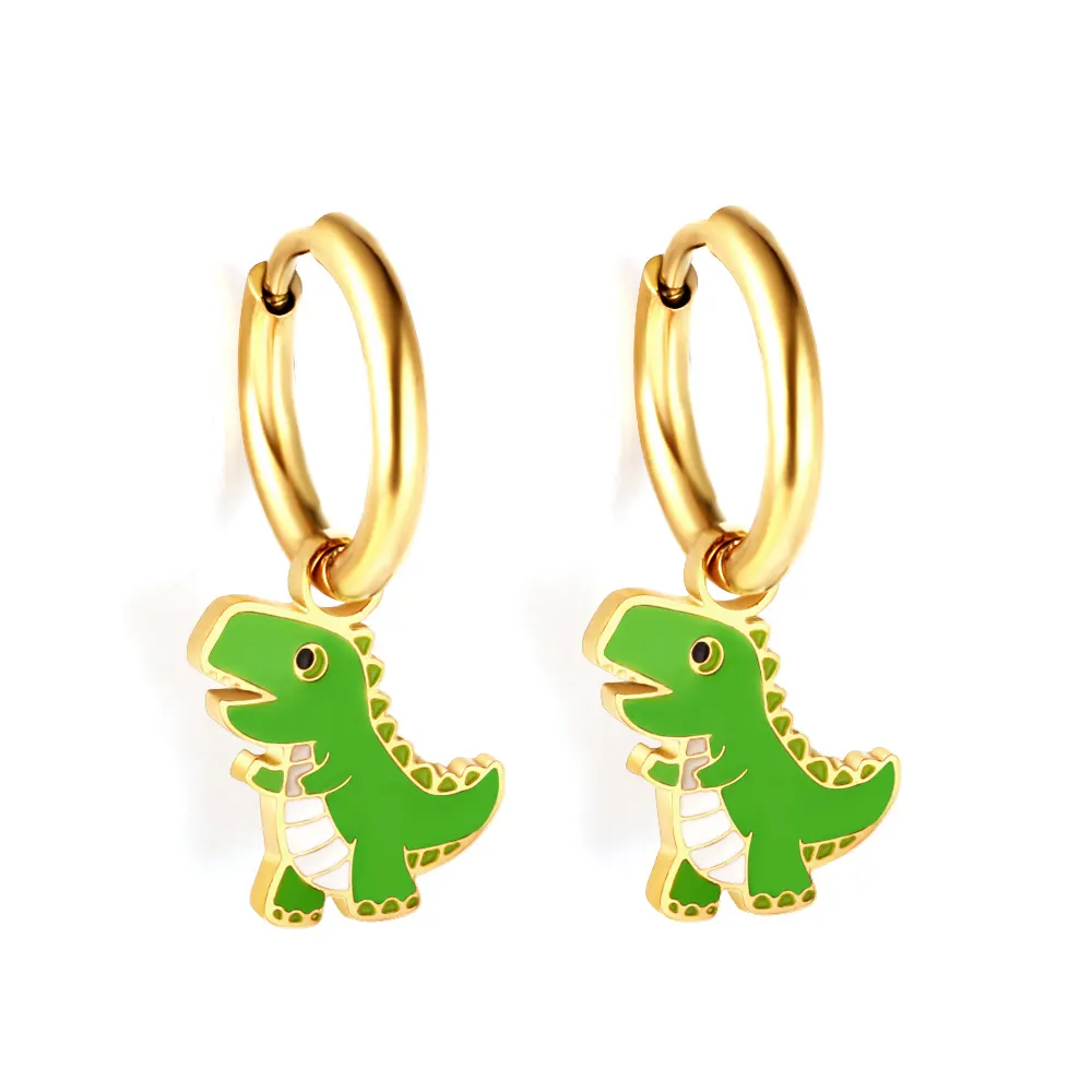 Colorful Stainless Steel 18K Gold Plated Small Hoop Cute Girls Babe Juvenile Panda Frog Dinosaur Kids Earrings