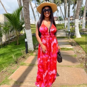 Summer New Women's Printed Backless Dress Casual Floral XXS Size Floor Length Korean Style Puff Sleeves Eco-Friendly for Natural - Product Image 3