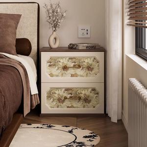 Vintage Printed Drawer Nightstand Solid Wood Bedroom <b>Storage</b> <b>Side</b> <b>Table</b> - Product Image 2