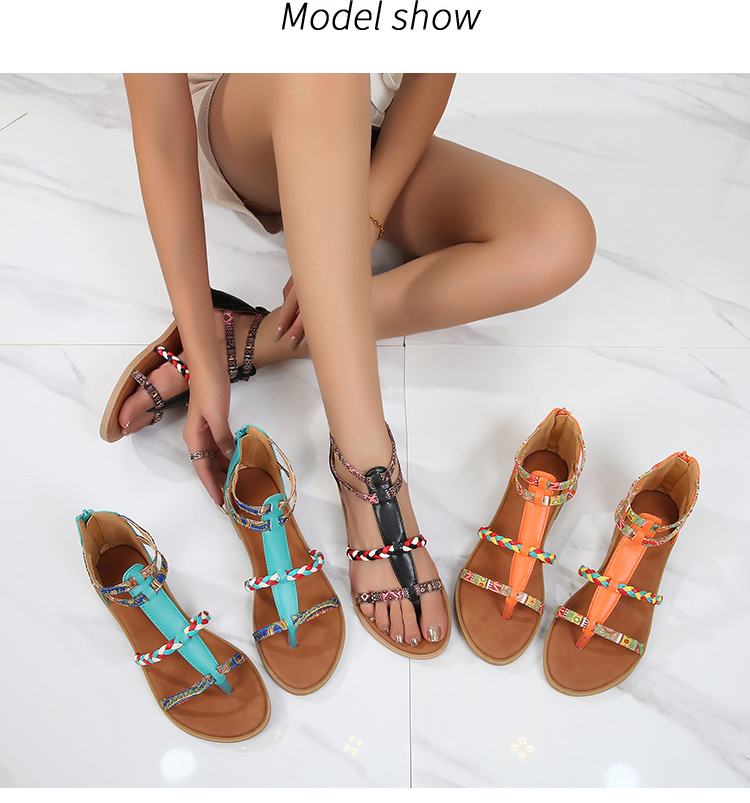 Bohemian Dazzling Patchwork Roman Sandals Women's Large Size Flat Ladies Shoes and Sandals