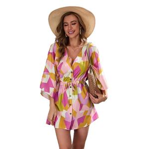 Vestido Mini de Playa con Cuello en V, Manga Corta y Cinturón, Estampado Digital, Estilo Boho Vintage para Mujer, Popular en Verano, para Vacaciones y Salidas - Product Image 4