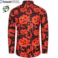 Kemeja Halloween Pria Dewasa, Kemeja Kancing Depan Sublimasi, Kemeja Halloween Pria Lengan Panjang Motif Labu