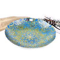 Assiette de présentation en verre 40 cm, motif mandala paisley orné, peinte à la main, écologique, bleu et or, pour mariage, maison, bar - Vente en gros