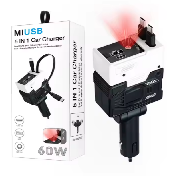 5 in 1 Super Fast Car Charger Retractable 2 Cables Dual Smart Usb Ports Car Charger