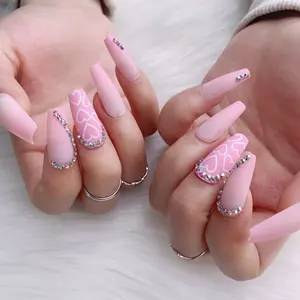 TSZS <span class=keywords><strong>2022</strong></span> <span class=keywords><strong>Faux</strong></span> ongles longs roses faits à la main de luxe à coller avec strass, forme cercueil personnalisée - Product Image 2