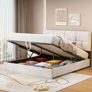 New Design Modern <b>Queen</b> <b>Size</b> Upholstered Soft <b>Bed</b> with Metal Frame and Hydraulic Storage System Beige - Product Image 2
