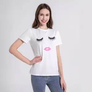 Camiseta de manga corta para mujer, estampado en 3D, patrón de pestañas bonitas, procesamiento de transferencia de calor, poliéster 100% de alta calidad