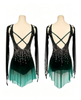 Robe de patinage artistique vert foncé dégradé avec strass, découpes en maille, pour performance scénique, pour femmes et filles