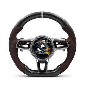 Volante Deportivo de Cuero Marrón con Fibra de Carbono y Múltiples Botones Compatible con <span class=keywords><strong>Porsche</strong></span> Panamera Cayenne <span class=keywords><strong>Macan</strong></span> 911 718 - Product Image 1