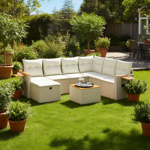 Ensemble de canapés de jardin beige en rotin PE, meubles d'extérieur avec coussins, design contemporain imperméable - Product Image 2