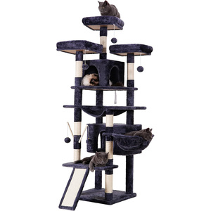 Expédition gratuite usine : Arbre à chat en bois bleu foncé avec structure d'escalade haute en peluche, griffoir, hamac et maison-tour - Product Image 1