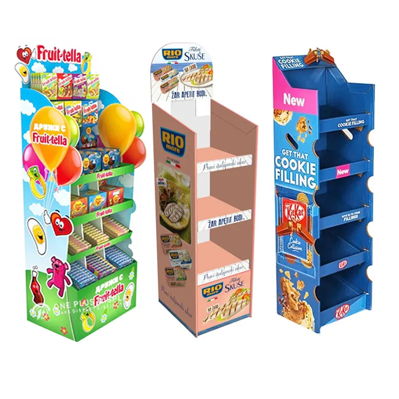 Custom karton Supermarket cetakan permen konter eceran makanan ringan makanan bergelombang pop up lantai kardus display stand