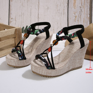 Sandalias de cuña para mujer, estilo bohemio europeo americano, con plataforma y suela gruesa tejida, para verano. - Product Image 6