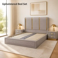 Luxuriöses Polsterbett-Set mit 2 Nachttischen, Diamant-Steppung, Goldakzent-Kopfteil, Schubladenspeicher, Graue Schlafzimmermöbel