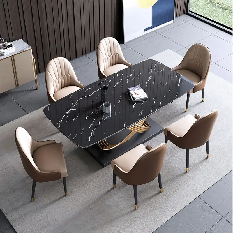 โต๊ะหินอ่อนทำจากสเตนเลสสตีลสีทองดีไซน์แบบอิตาลีและเก้าอี้6ตัว
