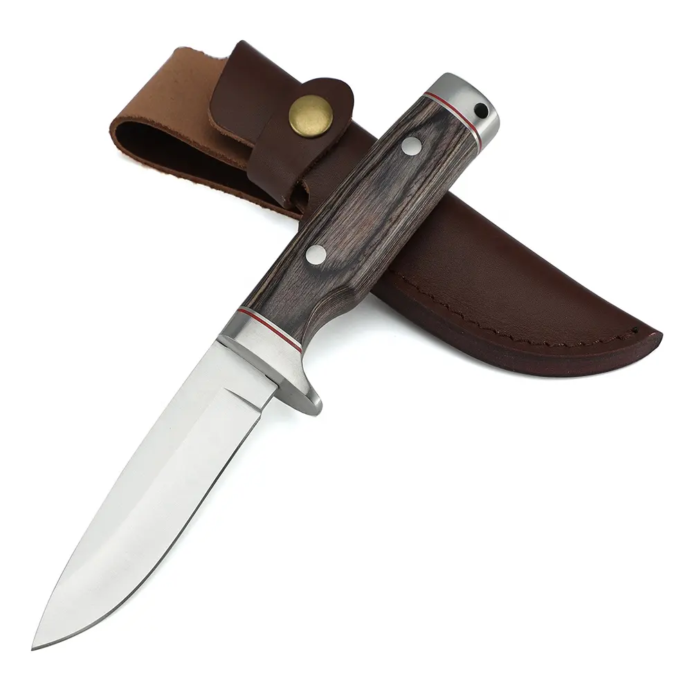 Cuchillo de caza de supervivencia para acampar con hoja fija de acero inoxidable con mango de madera de color hecho a mano personalizado