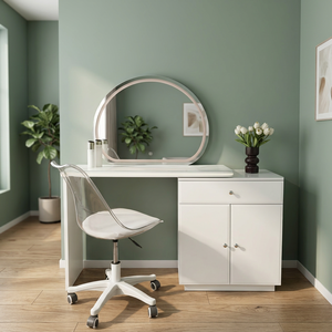 Modern Makeup <b>Vanity</b> <b>Table</b> with Lighted <b>Mirror</b> White Storage Desk for Bedroom Furniture - Product Image 2