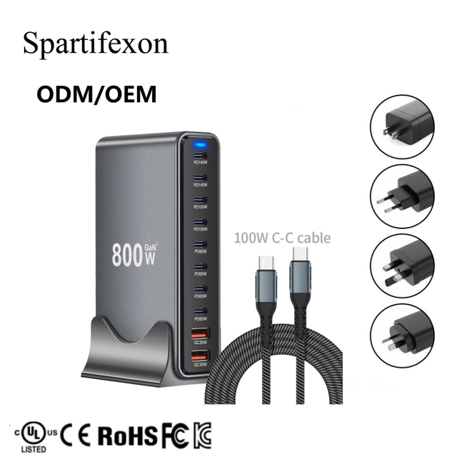 800W 10-Port USB-C PD 3.1/GaN III Fast Charger with SCP PD 3.0 140W Laptop Charging & 100W C-C Cable