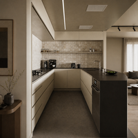 Îlot de cuisine et salle à manger intégrés, style moderne et minimaliste, couleur crème, mobilier sur mesure pour toute la maison, idéal pour les petits projets hôteliers et résidentiels.