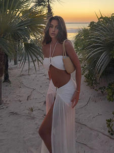 Ensemble bikini 3 pièces été 2026, col halter uni, jupe maxi fendue transparente, <span class=keywords><strong>robe</strong></span> <span class=keywords><strong>de</strong></span> <span class=keywords><strong>plage</strong></span>, tenue <span class=keywords><strong>de</strong></span> fête à la piscine, <span class=keywords><strong>maillot</strong></span> <span class=keywords><strong>de</strong></span> <span class=keywords><strong>bain</strong></span> à col en U pour femmes - Product Image 4