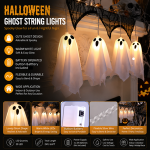 Guirnalda de Luces LED con Forma de Fantasma para Halloween, Luces Cálidas Blancas, Funciona con Pilas, 8 Modos, Decoración Espeluznante para Fiestas de Halloween y Hogar - Product Image 1