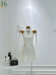 Minivestido de Encaje Blanco con Cuello Halter, Tejido de Encaje, Color Liso, Ligero, Suave y Transpirable - Product Image 4