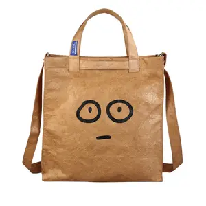 Japanese Style Custom Waterproof Brown Kraft Paper Shopping Handbag Vintage double layer Reusable Tyvek Travel Crossbody Bag