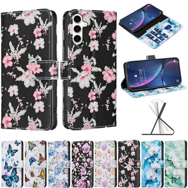 Print Flower Leather Wallet Case for Samsung Galaxy A24 4G A34 A54 5G A14 A73 A13 A33 A53 A72 A52 A52S A12 Butterfly Stand Cover