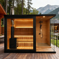 Sauna sec en bois moderne pour intérieur et extérieur, combinaison douche, poêle infrarouge, beau sauna extérieur