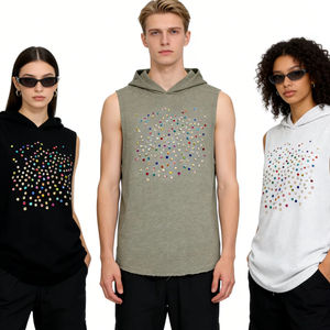 Camisetas sin mangas para hombre de algodón French Terry 100% con capucha, con pedrería termoadhesiva, ropa deportiva de alta calidad para hombre. - Product Image 2