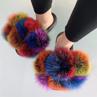 Sandales d'extérieur à bout ouvert en fourrure de renard, fourrure moelleuse multicolore avec six pompons, coloris assortis, pour femme, collection printemps, direct usine