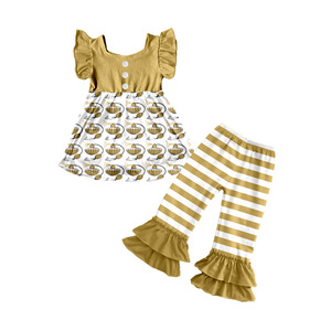 Conjunto de 2 piezas de seda de leche para niñas pequeñas, top tipo túnica con mangas con volantes y pantalones acampanados con volantes a rayas - Product Image 2