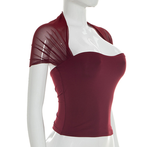 Viviblook Y26TP081 Camiseta de primavera y verano para mujer, nueva camiseta informal sencilla con empalme de malla y manga corta para mujer - Product Image 3